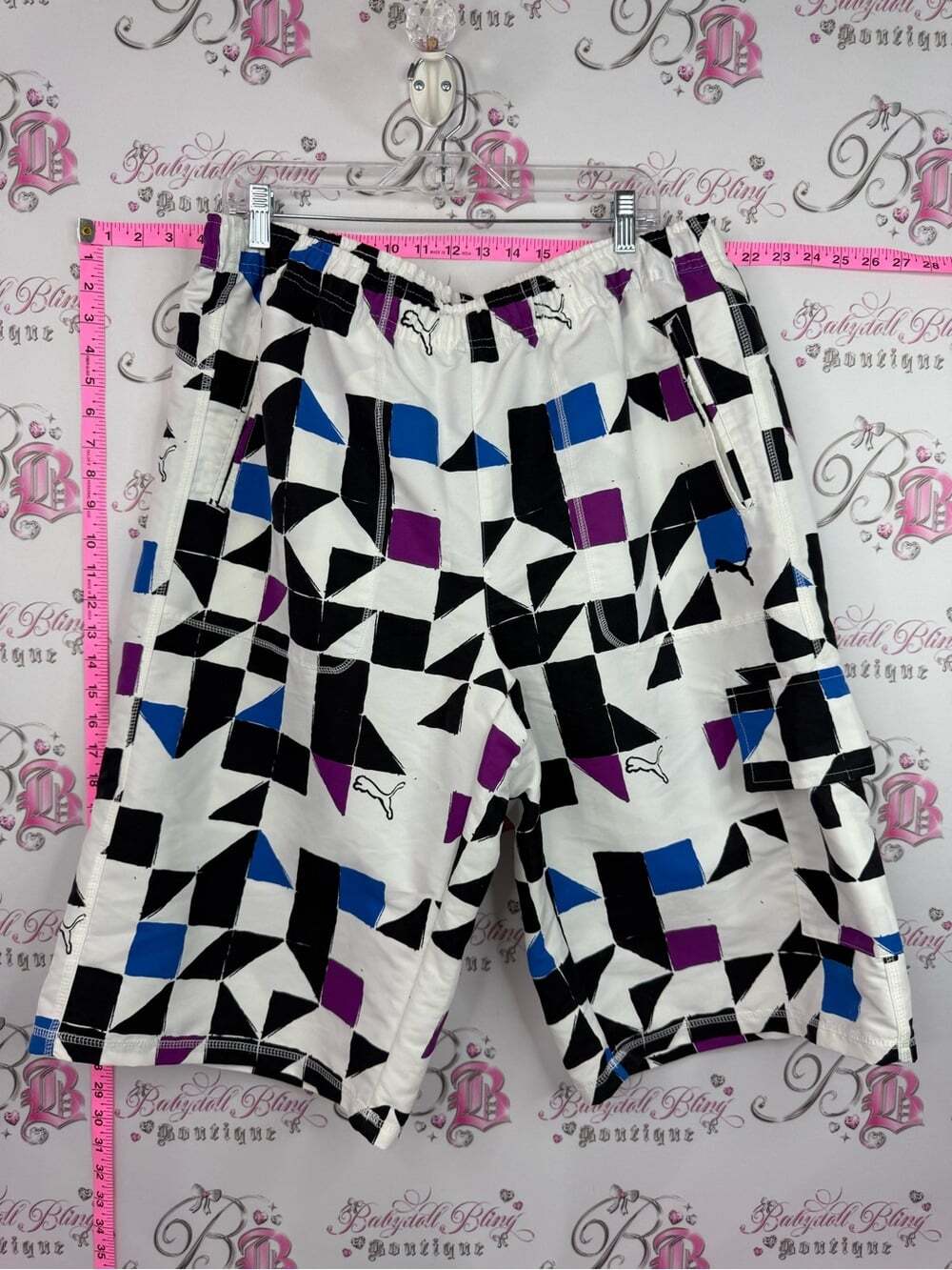 Puma shorts White Swim Board Shorts with Black, Blue, and Purple Geometric Print